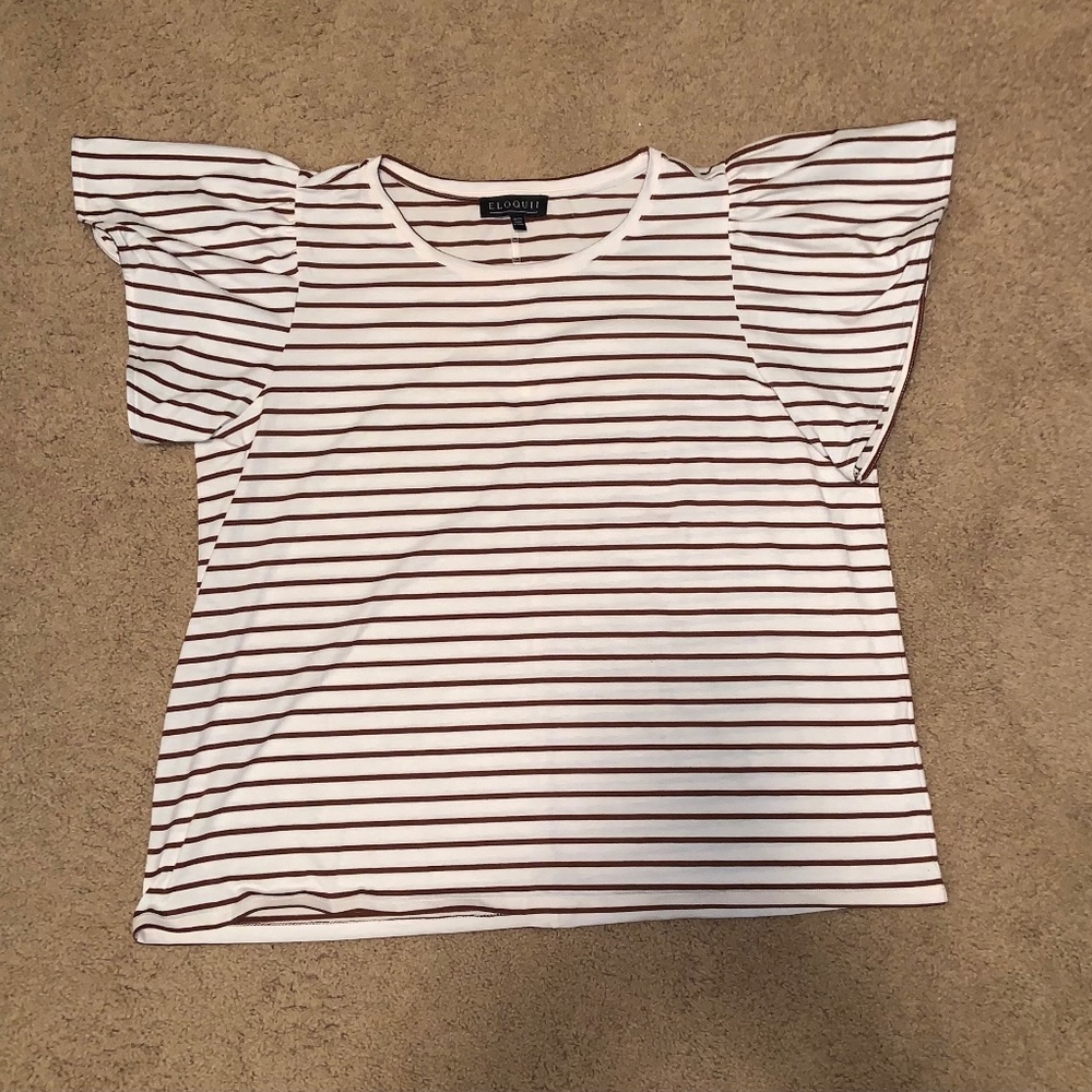 Eloquii Brown & Cream Stripe Flutter Sleeve Shirt